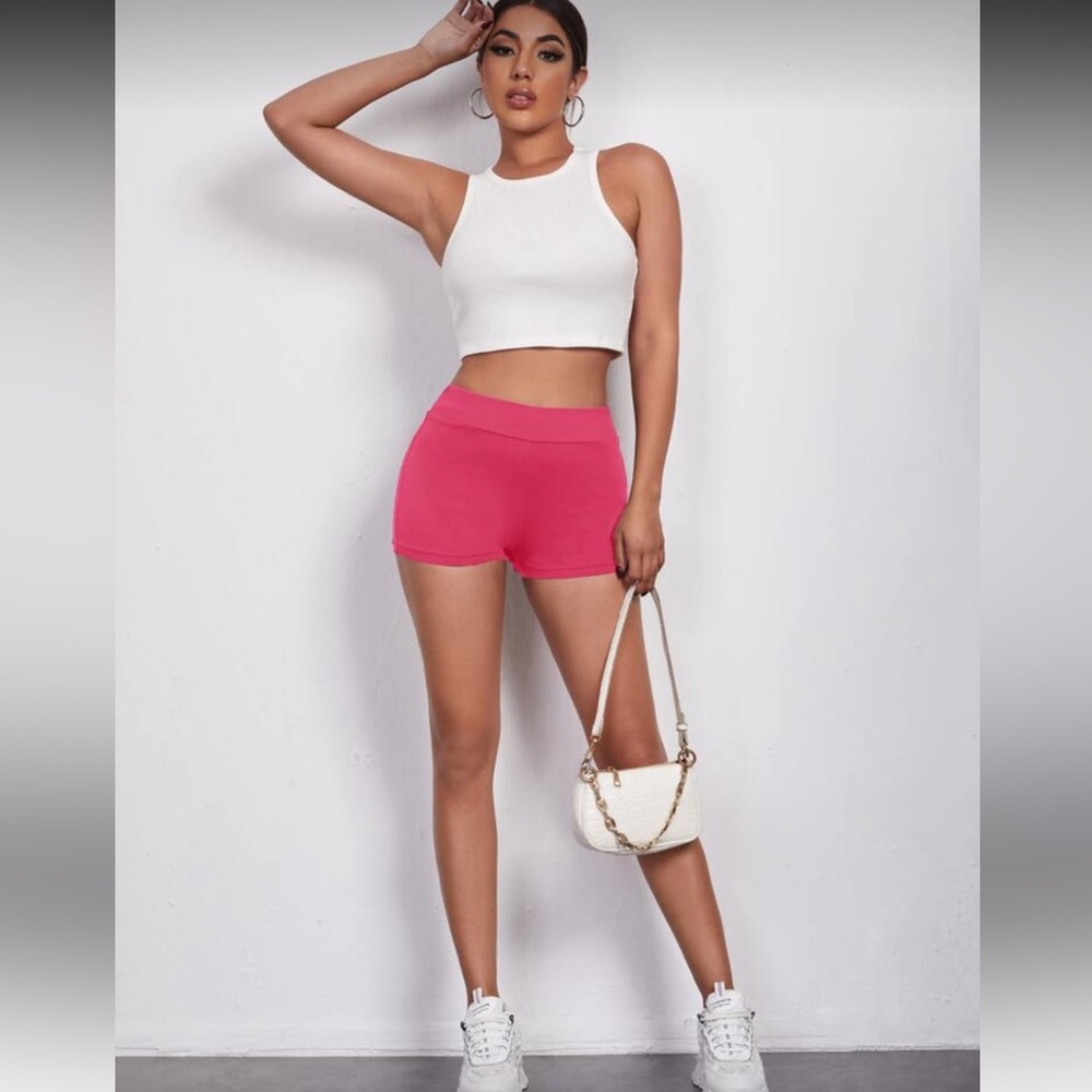 White Crop Top and Pink Shorts Set